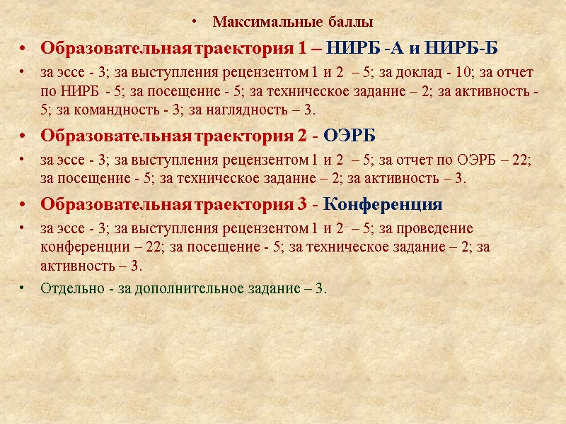 Максимальные баллы Образовательная траектория 1 – НИРБ -А и НИРБ-Б за эссе - 3;